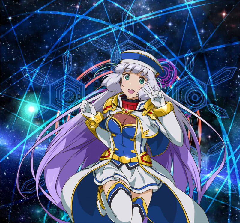 1girl, aqua_eyes, arms_up, blue_hat, breasts, capelet, cleavage, clenched_hand