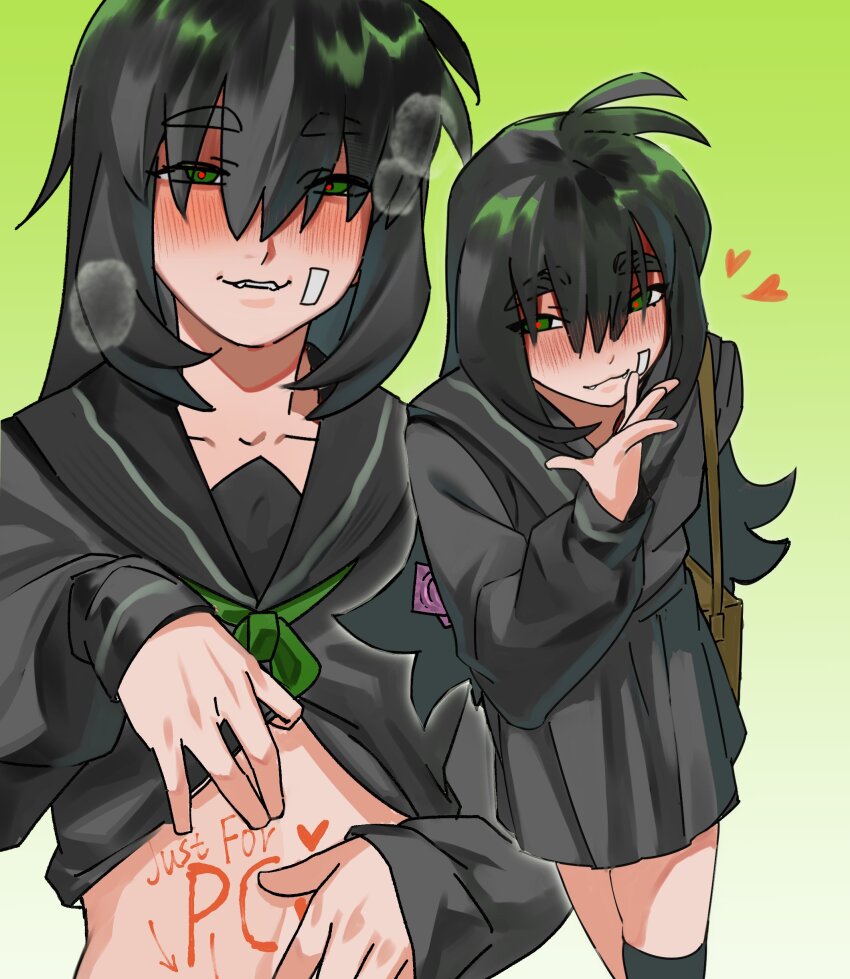 1girl, absurdres, black_hair, black_skirt, blush, body_writing, clothes_lift, degrees_of_lewdity, green_eyes, highres, kylar_(degrees_of_lewdity), kylar_(female)_(degrees_of_lewdity), long_hair, looking_at_viewer, multiple_views, red_pupils, ru2786764357, shirt_lift, skirt, solo