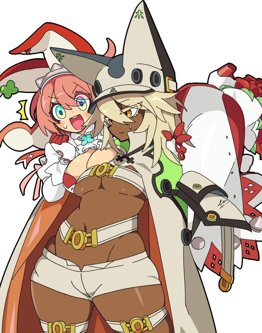 2girls, absurdres, blonde_hair, blue_eyes, blush, breasts, cape, cleavage