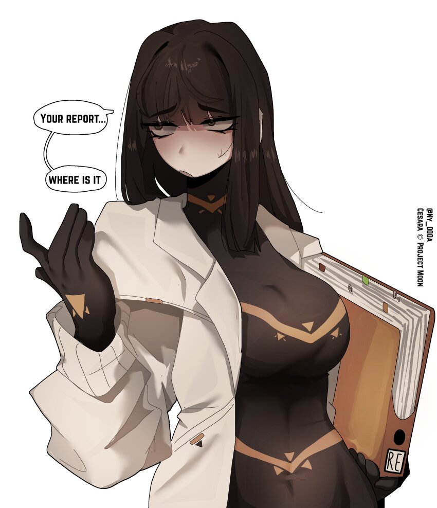 1girl, absurdres, black_bodysuit, black_hair, bodysuit, breasts, brown_eyes, cesara_(project_moon)