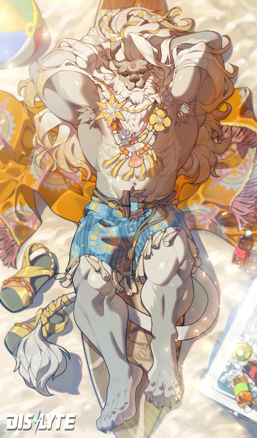 1boy, abs, absurdres, animal_ears, armpit_hair, armpits, arms_behind_head, ball