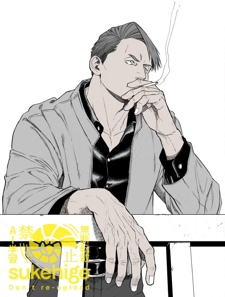 1boy, against_railing, cigarette, collared_shirt, commentary_request, furrowed_brow, greyscale, hand_up