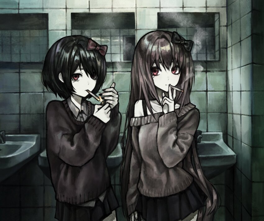 2girls, black_bow, black_hair, black_skirt, bow, brown_bow, brown_hair, brown_sweater