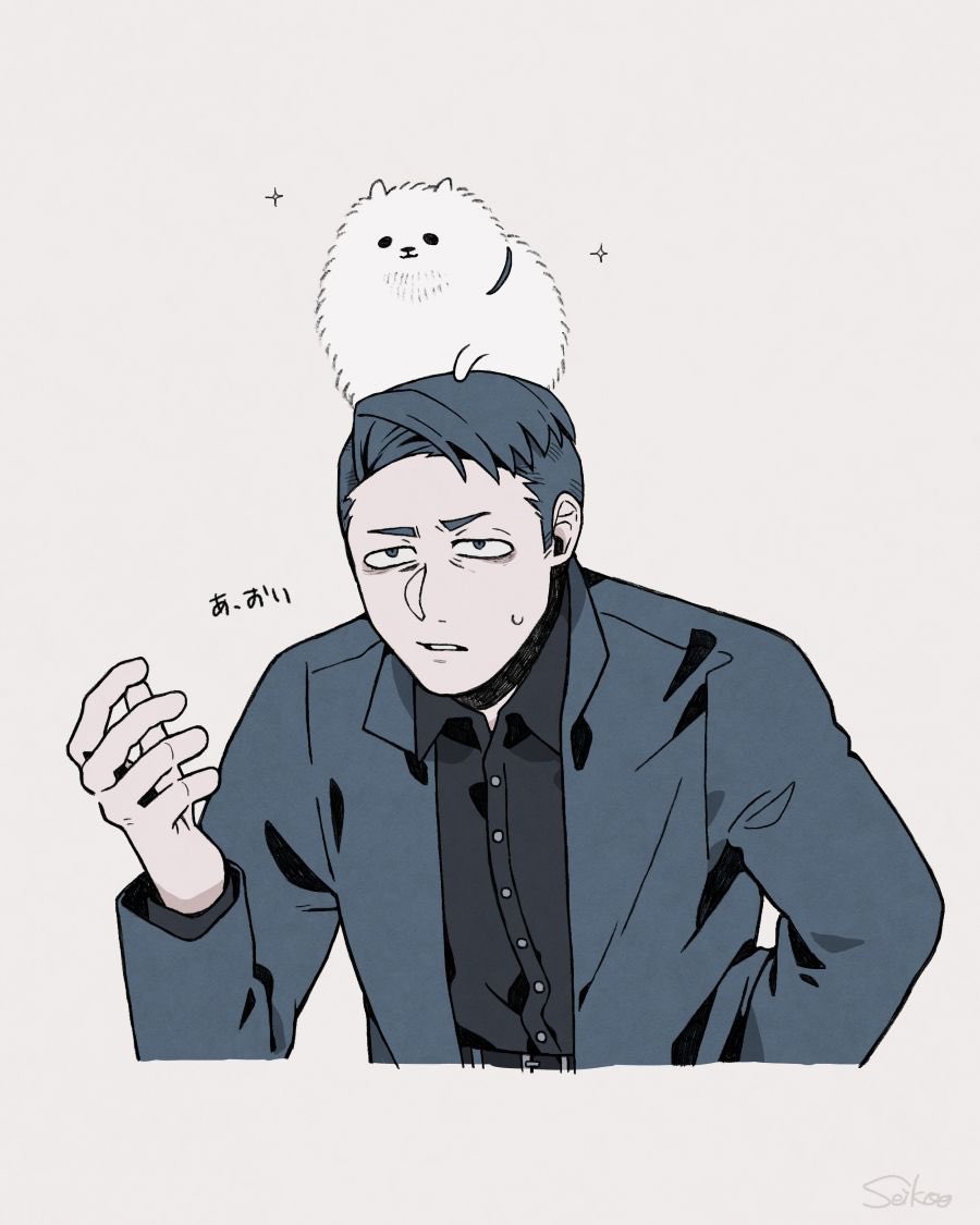 1boy, animal, animal_on_head, black_shirt, blue_jacket, blue_theme, collared_shirt, commentary_request