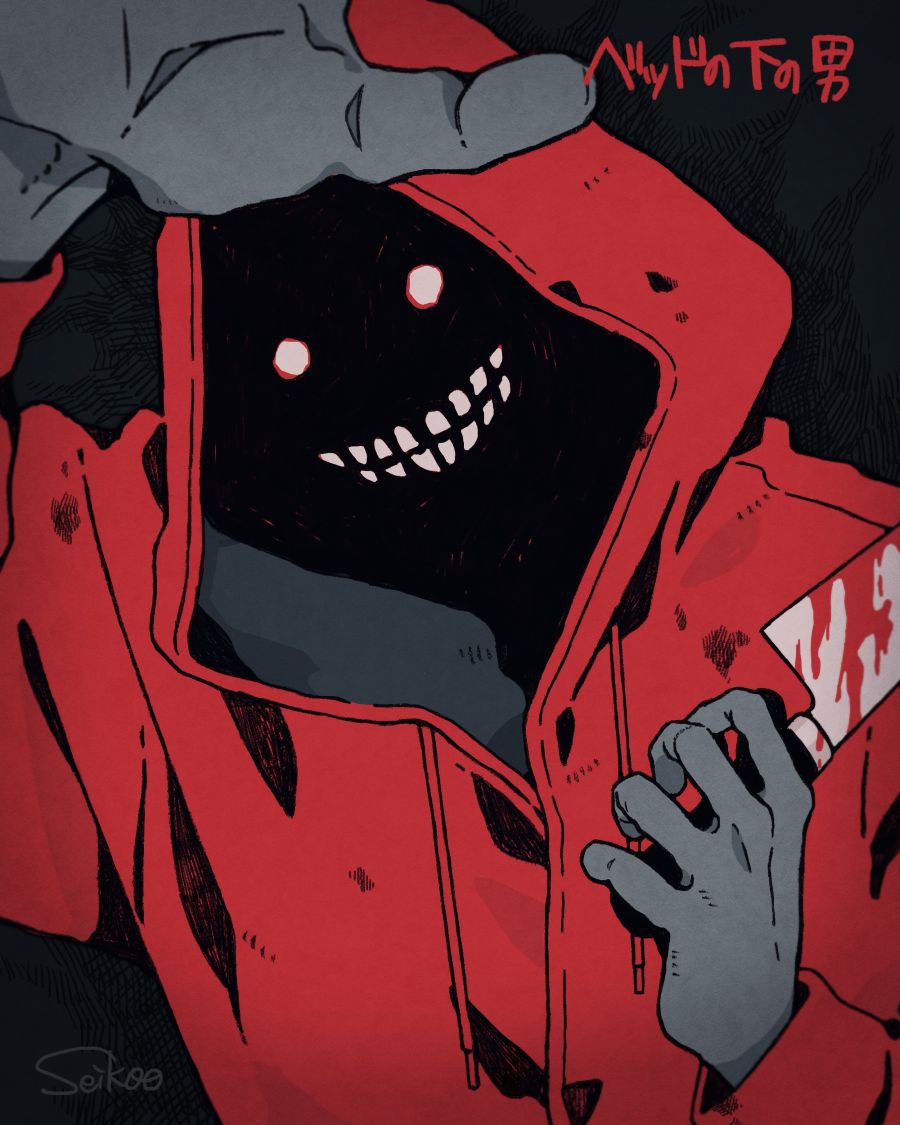 1boy, artist_name, axeman_(toshi_densetsu_kaitai_center), black_background, blood, bloody_knife, coat, commentary_request, face_in_shadow, hands_up, holding, holding_knife, hood, hood_up, hooded_coat, horror_(theme), knife, looking_at_viewer, male_focus, red_coat, seikoo_caffeine, smile, solo, teeth, toshi_densetsu_kaitai_center, translation_request, upper_body, white_eyes