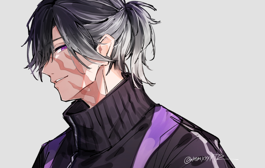 1boy, artist_name, black_hair, black_jacket, burn_scar, from_side, grey_background, grey_hair