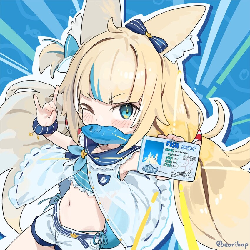 1girl, animal_ears, bearibop, blonde_hair, blue_hair, cat_ears, dress, fish, highres, holding, holding_id_card, id_card, indie_virtual_youtuber, long_hair, low_twintails, multicolored_hair, navel, one_eye_closed, sailor_collar, sameko_saba, sameko_saba_(fish), shorts, sleeveless, sleeveless_dress, solo, streaked_hair, twintails, very_long_hair, virtual_youtuber, white_dress