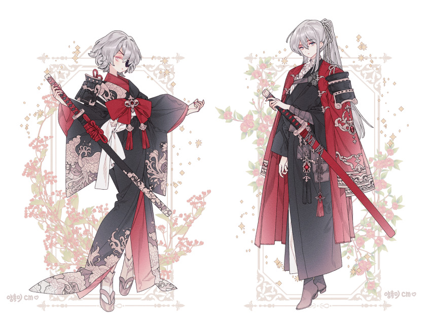 1boy, 1girl, armor, berry, black_shoes, bow, camellia, clothing_request