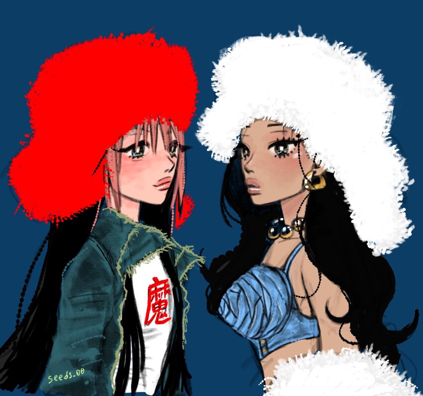 2girls, artist_name, bead_choker, beads, black_hair, blue_background, blue_bra, blue_eyes