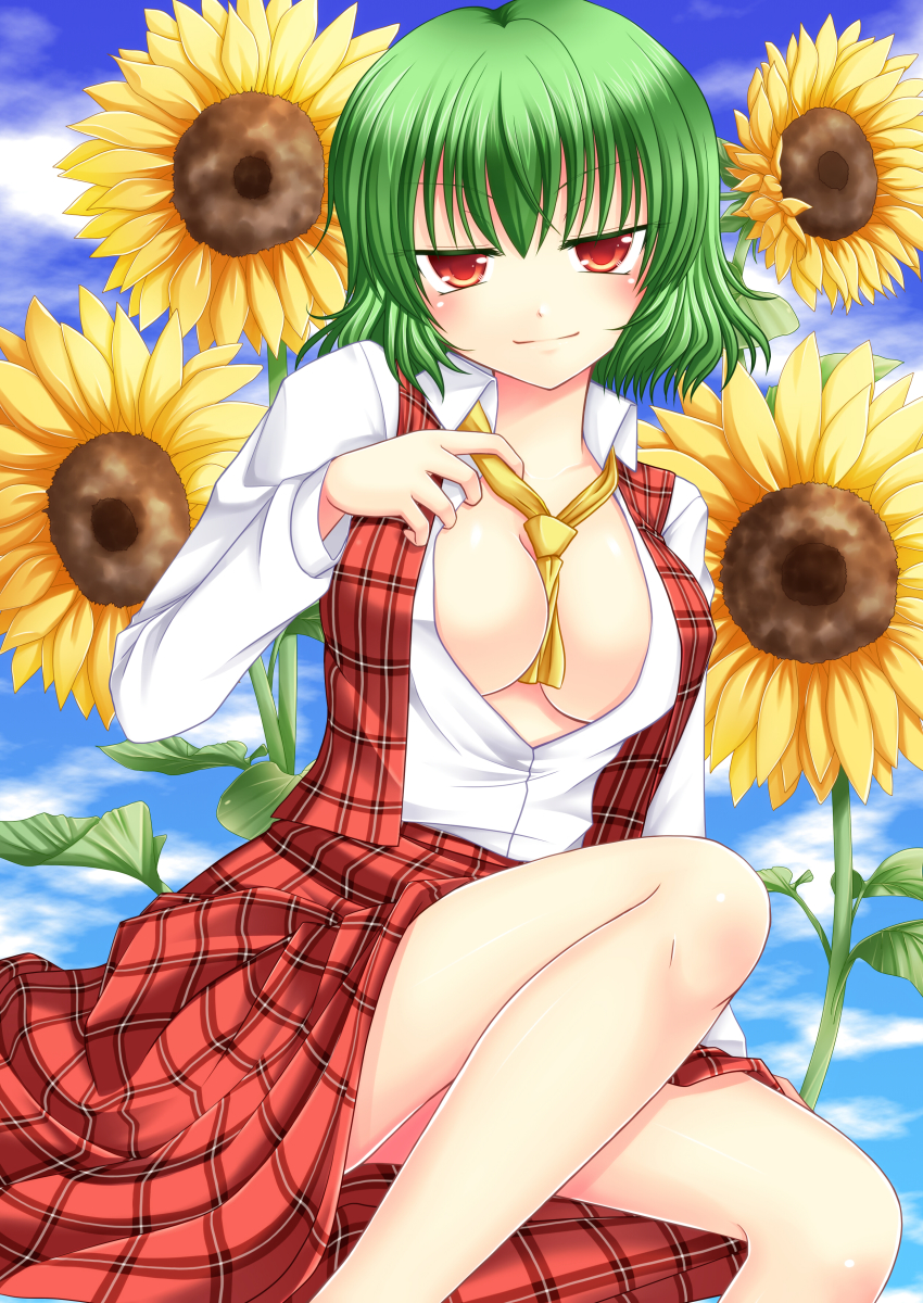 1girl, absurdres, asazuki_kanai, ascot, between_breasts, breasts, cleavage, dress_shirt