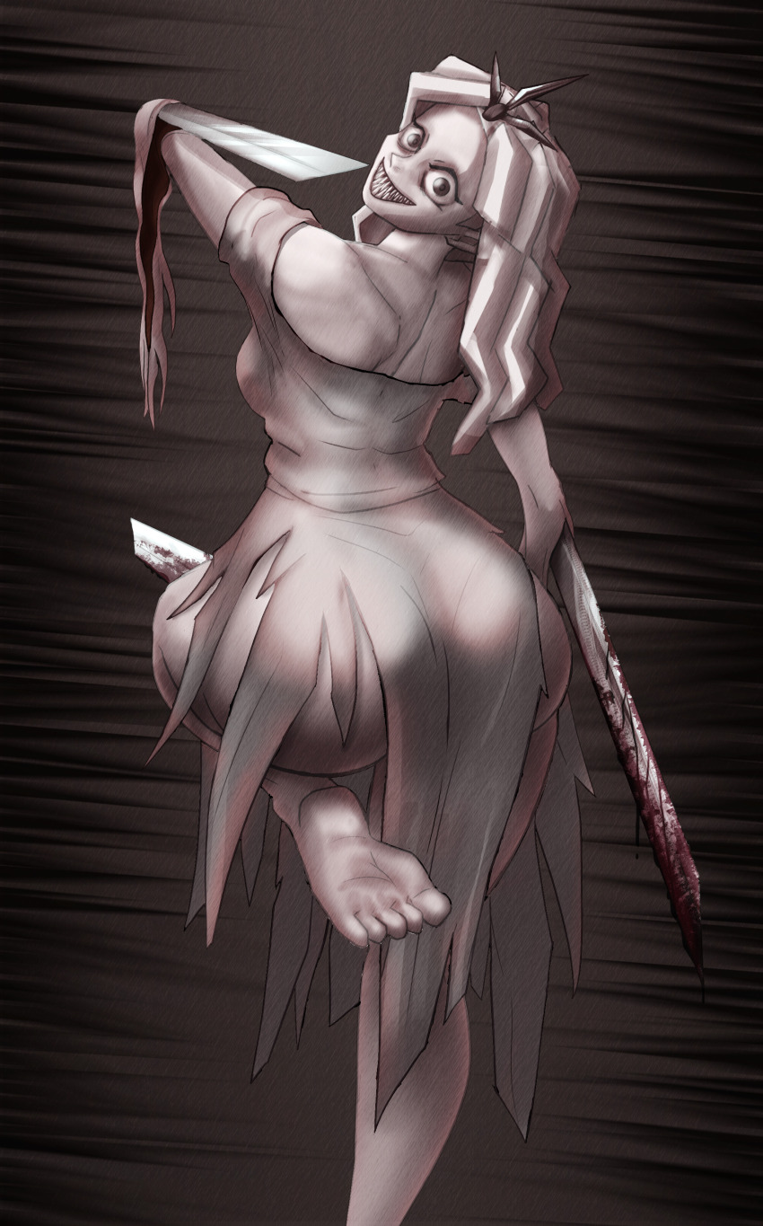 1girl, absurdres, ass, bare_shoulders, barefoot, blade_arm, blood, bloody_weapon