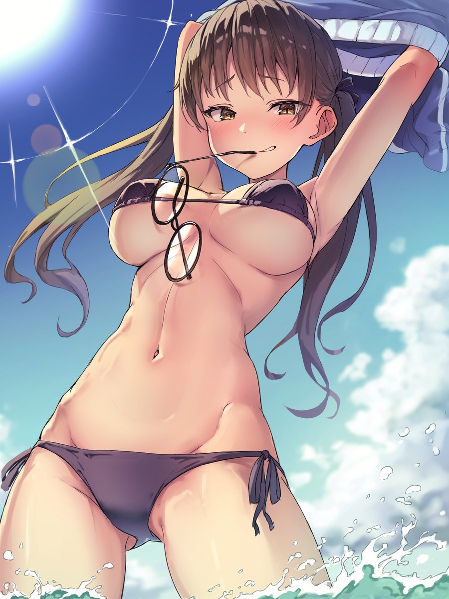 1girl, bikini, blue_archive, blush, breasts, brown_eyes, brown_hair, cloud