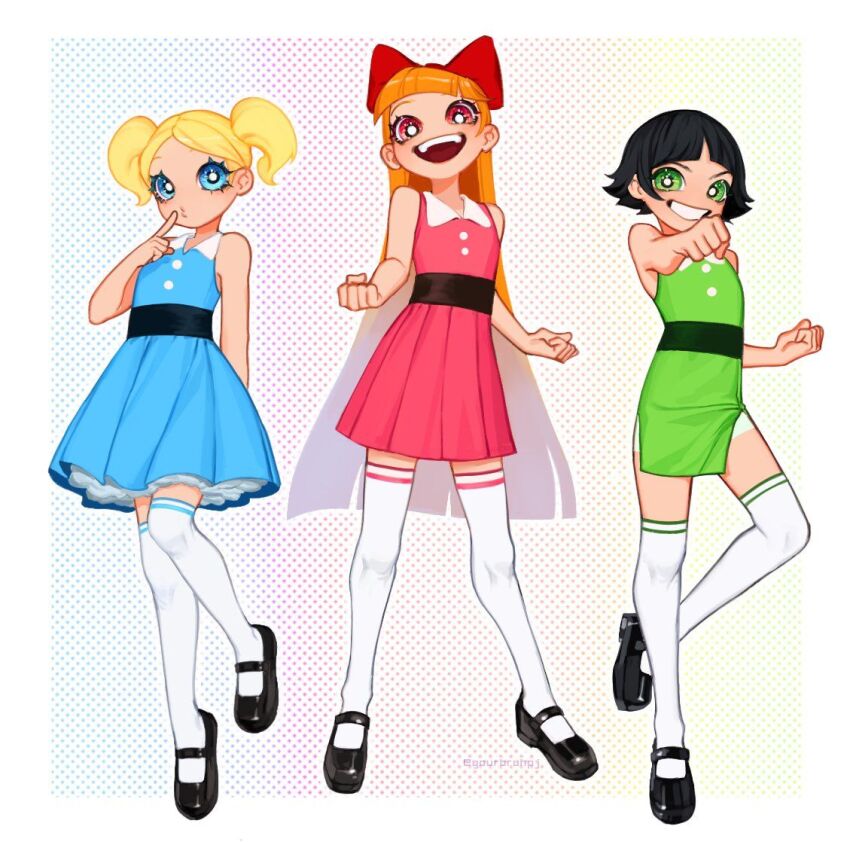 3girls, bad_link, black_hair, black_shoes, blonde_hair, blossom_(ppg), blue_background, blue_dress, blue_eyes, blunt_bangs, bow, bubbles_(ppg), buttercup_(ppg), child, clenched_hands, dress, floating, gradient_background, green_background, green_dress, green_eyes, levitation, long_hair, looking_at_viewer, multiple_girls, n._(plaw_01), open_mouth, orange_hair, parted_bangs, pink_background, pink_dress, pink_eyes, polka_dot, polka_dot_background, powerpuff_girls, red_bow, shoes, side-by-side, smile, striped_clothes, striped_dress, thighhighs, twintails, white_background, white_thighhighs
