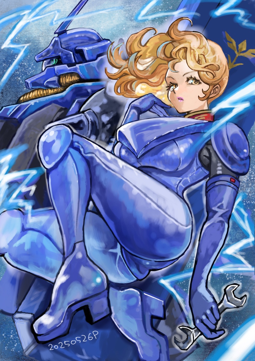 1girl, absurdres, bell, breasts, char's_counterattack, cleavage, commentary, dated