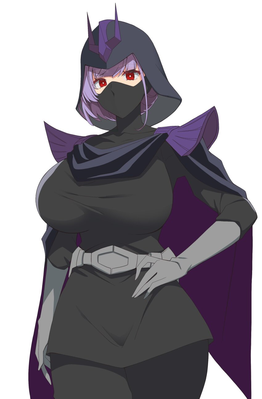 1girl, absurdres, alternate_hairstyle, atlanta_(kancolle), belt, breasts, cape, commentary_request, cosplay, elbow_gloves, gloves, grey_gloves, gundam, gundam_gquuuuuux, hand_on_own_hip, helmet, highres, kantai_collection, kloah, kycilia_zabi, kycilia_zabi_(cosplay), large_breasts, looking_at_viewer, mask, mouth_mask, nazuka_kaori, purple_cape, purple_hair, red_eyes, solo, voice_actor_connection, white_background, zeon