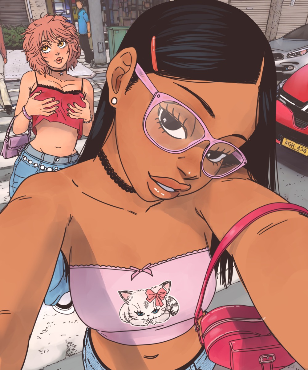 2girls, bag, black_hair, blue_pants, breasts, dark-skinned_female, dark_skin, day