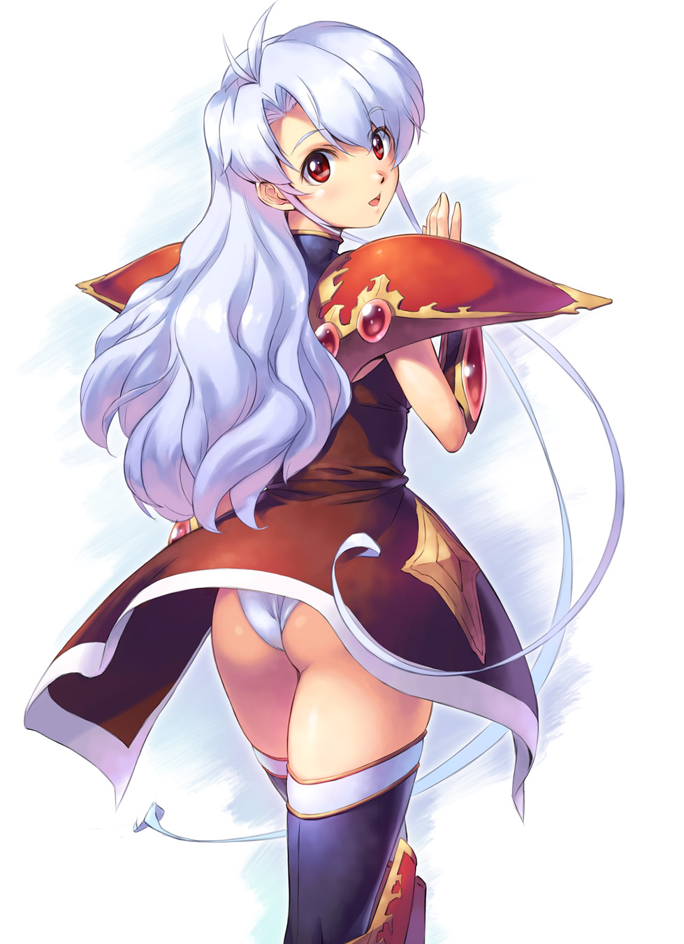 1girl, armor, ass, blue_hair, boots, claret_(langrisser), gauntlets, highres, langrisser, langrisser_v, long_hair, looking_back, panties, pantyshot, pauldrons, red_eyes, shoulder_armor, shoulder_pads, smile, thigh_boots, thighhighs, uchiu_kazuma, underwear, wedgie, wind, wind_lift