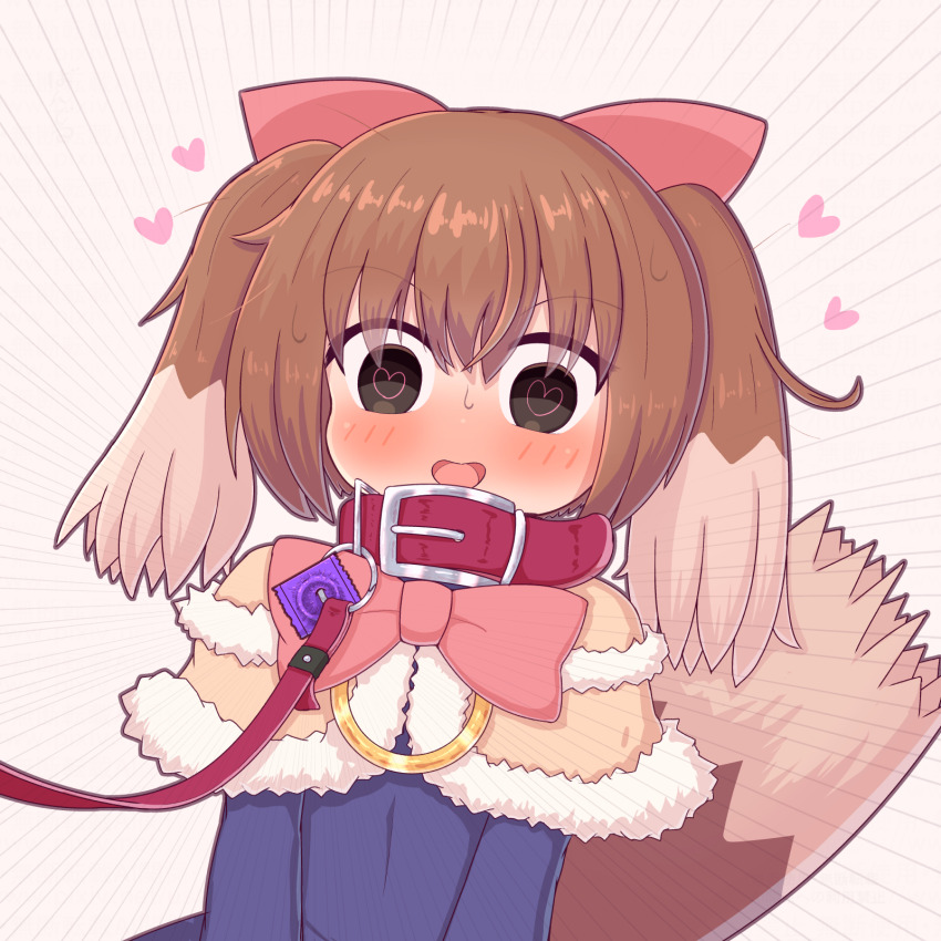 1girl, animal_ears, black_eyes, blush, bow_alma, brown_hair, collar, condom, dog_ears, dog_girl, dog_tail, emil_chronicle_online, hair_ribbon, heart, heart-shaped_pupils, highres, leash, open_mouth, pink_ribbon, ribbon, rna0, symbol-shaped_pupils, tail, white_background