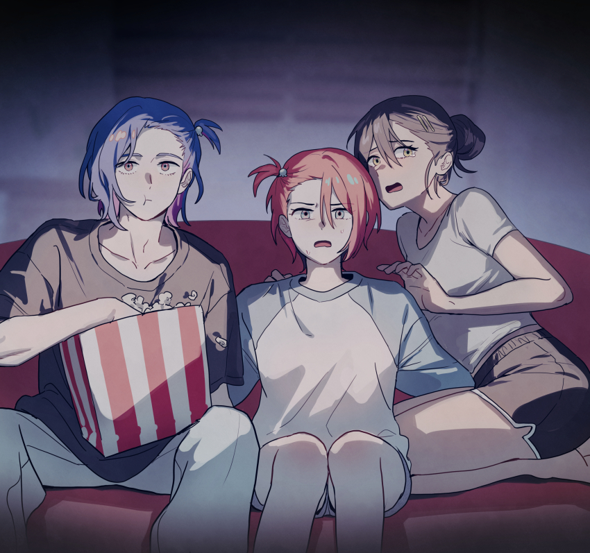 1boy, 2girls, absurdres, amate_yuzuriha, aqua_eyes, blue_hair, colored_inner_hair, couch