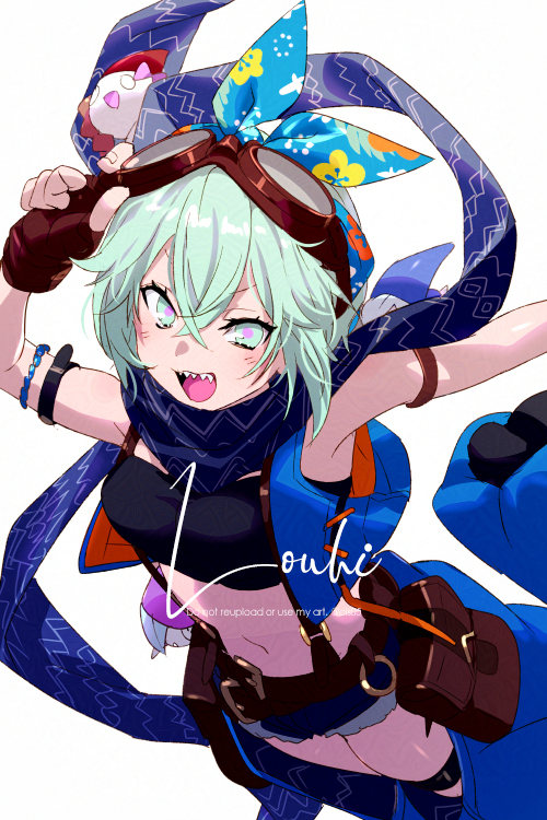 1girl, adversarial_noise, blue_ribbon, blue_scarf, blush, breasts, character_name, echo_(circa), fate/grand_order, fate_(series), green_eyes, green_hair, hair_between_eyes, hair_ribbon, horns, looking_at_viewer, louhi_(celebratory_attire)_(fate), louhi_(fate), navel, open_mouth, ribbon, scarf, sharp_teeth, short_hair, sidelocks, small_breasts, smile, teeth, thighs, tonttu_(fate)