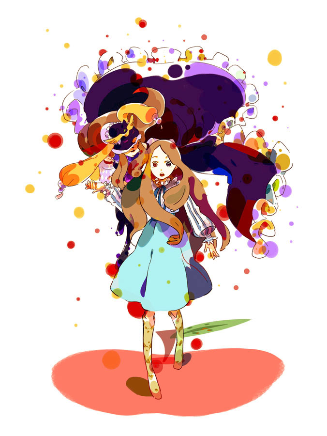 10s, 2girls, awa_(alimo), brown_hair, dual_persona, closed_eyes, hat, long_hair, long_skirt, mawaru_penguindrum, multiple_girls, open_mouth, princess_of_the_crystal, skirt, takakura_himari