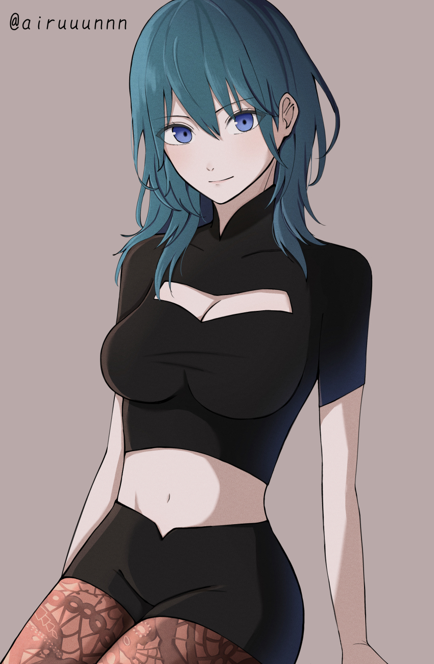 1girl, absurdres, arururunnnn, black_shirt, black_shorts, blue_eyes, blue_hair, breasts, brown_pantyhose, cleavage, cleavage_cutout, closed_mouth, clothing_cutout, female_byleth_(fire_emblem), fire_emblem, fire_emblem:_three_houses, grey_background, hair_between_eyes, highres, large_breasts, long_hair, looking_at_viewer, midriff, navel, nintendo, pantyhose, pantyhose_under_shorts, shirt, short_shorts, short_sleeves, shorts, simple_background, sitting, sketch, smile, solo, stomach, straight_hair, twitter_username