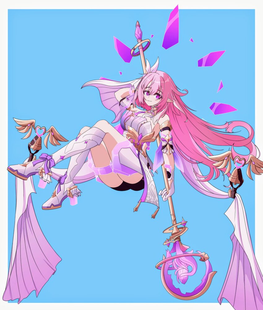 1girl, ass, bell, black_shorts, blue_background, boots, border, breasts, commentary, corset, crystal_shards, desnvz, diamond-shaped_pupils, diamond_(shape), elf, elysia_(herrscher_of_human:_ego)_(honkai_impact), elysia_(honkai_impact), gloves, high_heel_boots, high_heels, highres, holding, holding_staff, honkai_(series), honkai_impact_3rd, knee_boots, large_breasts, long_hair, pink_hair, pointy_ears, purple_eyes, shorts, solo, staff, symbol-shaped_pupils, thighs, veil, very_long_hair, white_boots, white_border, white_corset, white_gloves, white_veil