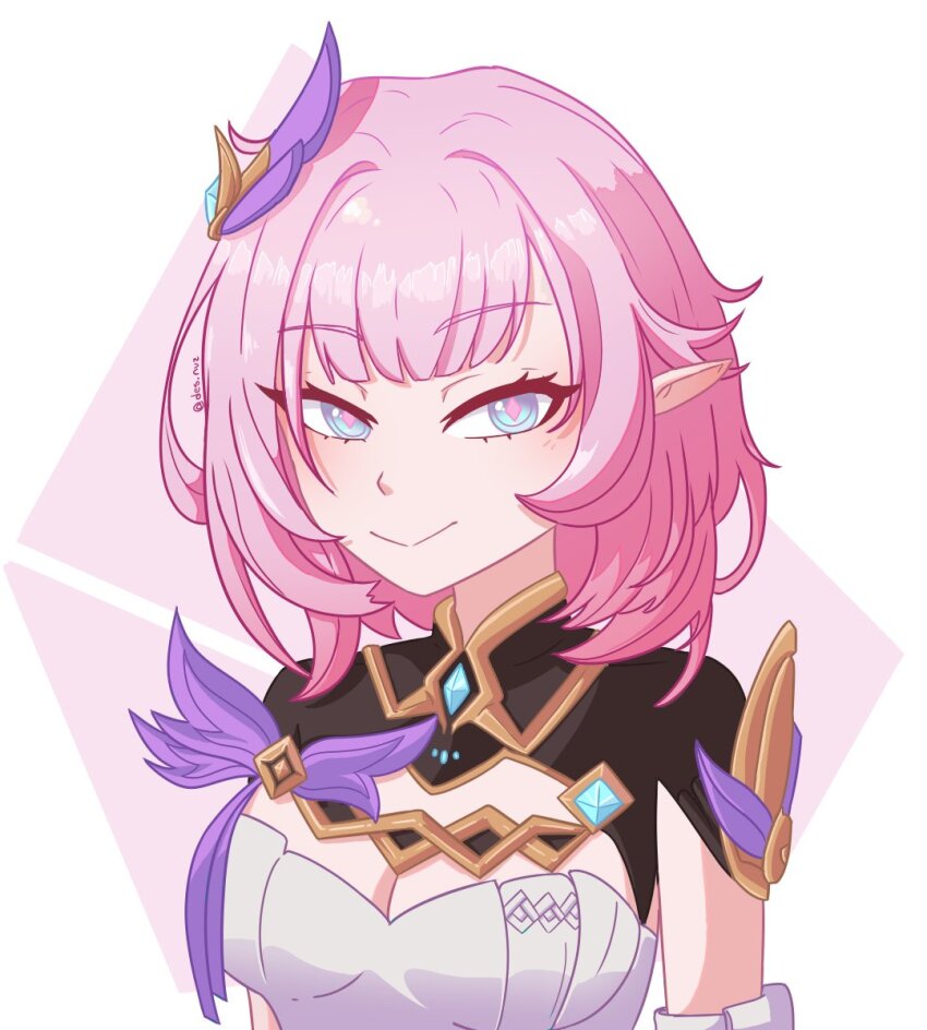 1girl, blue_eyes, breasts, cleavage, commentary, corset, desnvz, elf