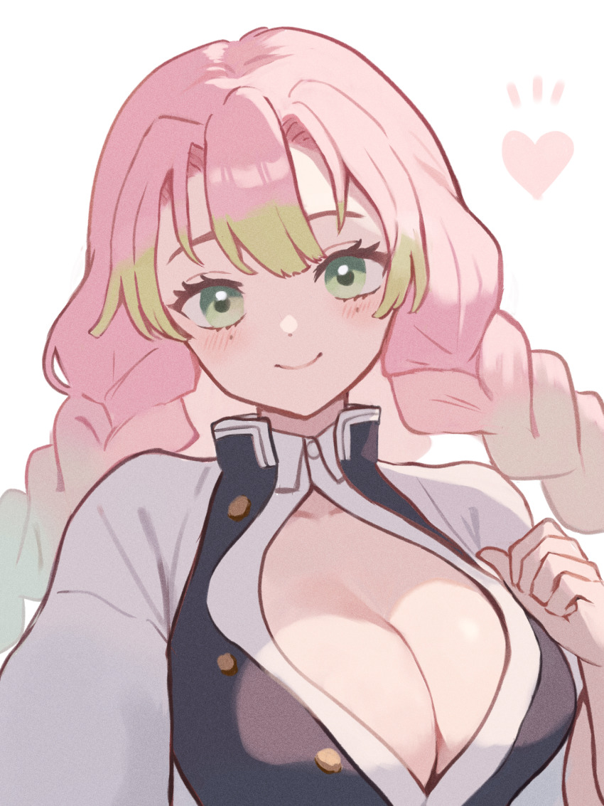 1girl, braid, breasts, cleavage, closed_mouth, commentary_request, demon_slayer_uniform, gradient_hair
