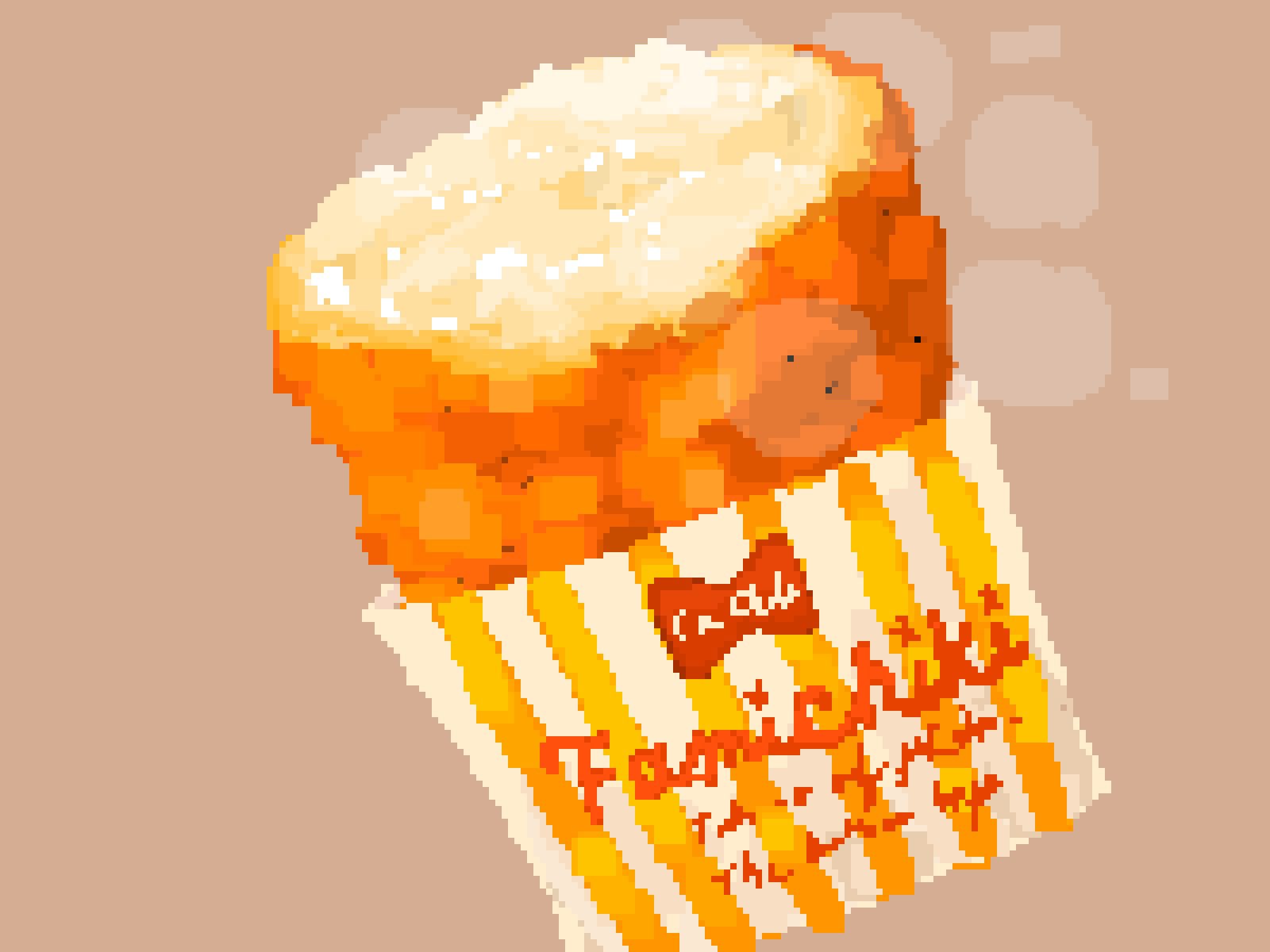 bird, bow, bowtie, chicken, chicken_(food), commentary, famichiki, food, food_wrapper, fried_chicken, grey_background, highres, hisachan55cute, original, pixel_art, simple_background, steaming_food