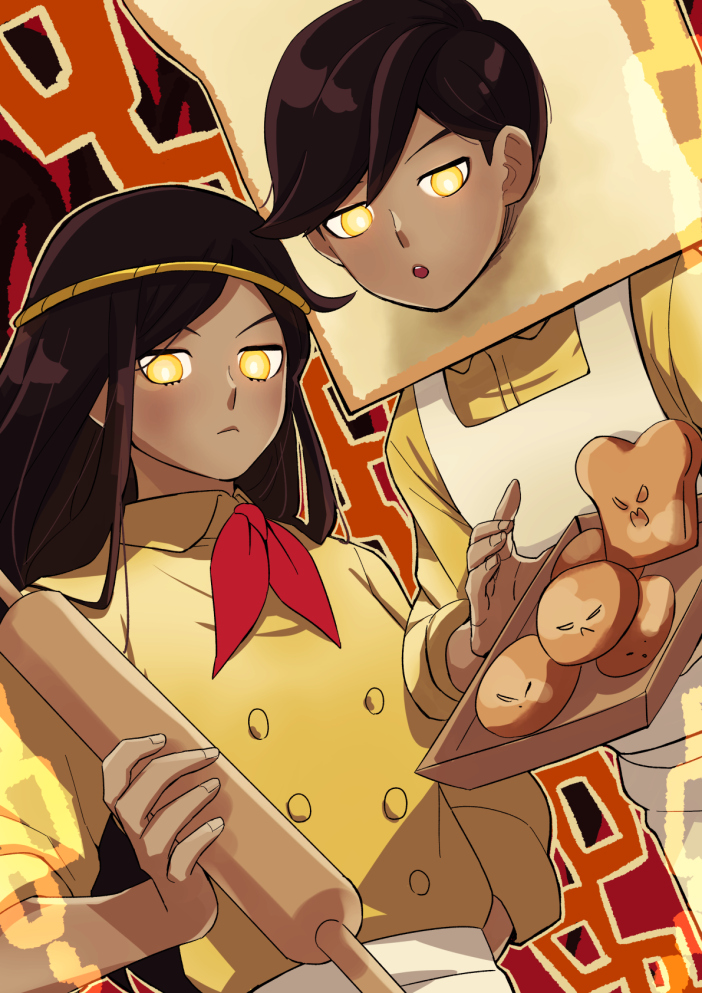 1boy, 1girl, 4747moonwalk, :<, :o, apron, biscuit_(omori), bread