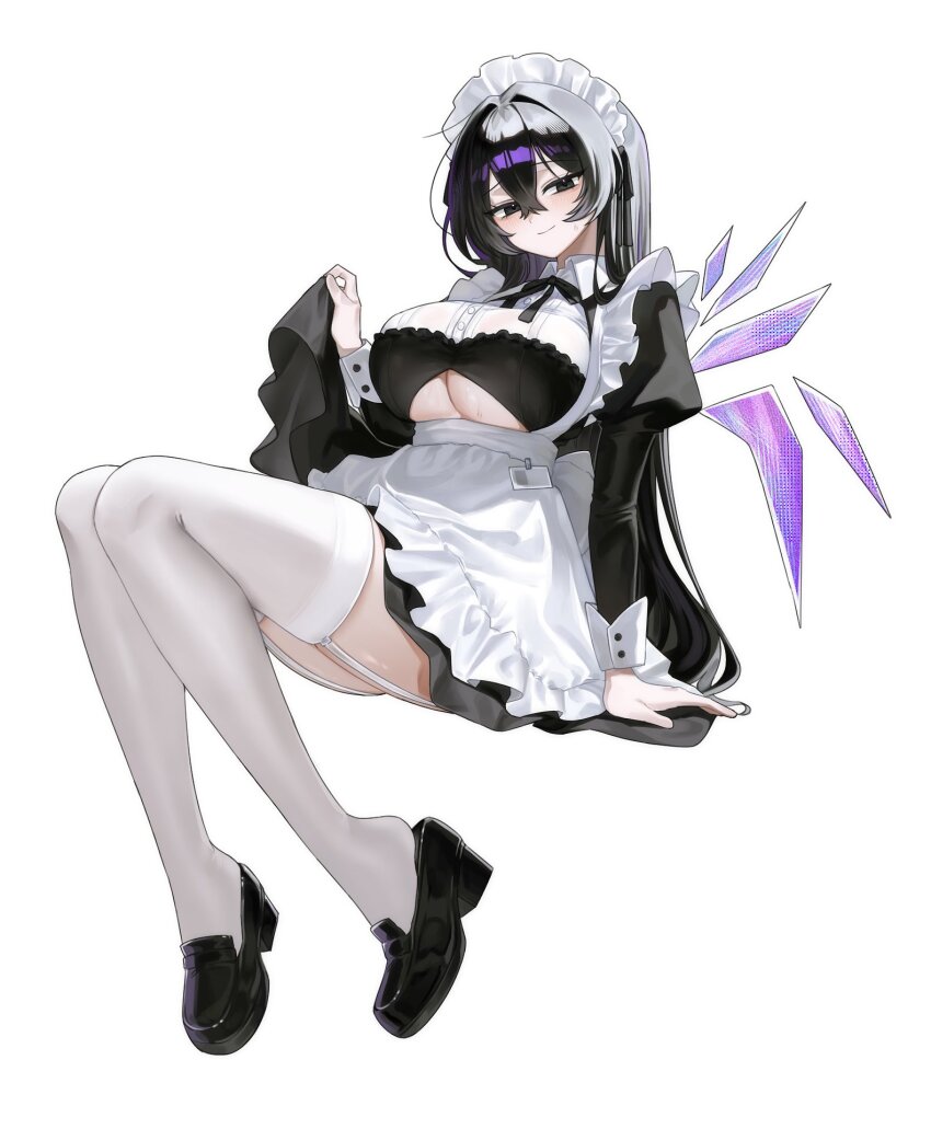 1girl, angel_wings, apron, black_eyes, black_hair, breasts, garter_belt, genderswap, genderswap_(mtf), hair_between_eyes, highres, large_breasts, limbus_company, long_hair, maid, maid_apron, maid_headdress, nabiii0031, project_moon, sang_yi_(project_moon), simple_background, solo, thighhighs, thighs, white_apron, white_background, white_headdress, white_thighhighs, wings, yi_sang_(project_moon)