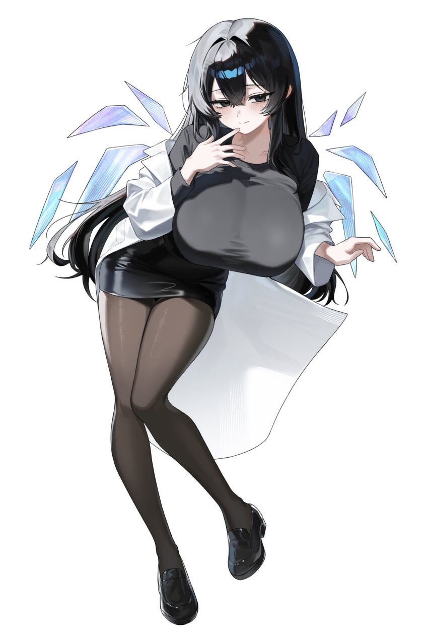 1girl, angel_wings, black_eyes, black_hair, black_pantyhose, black_shirt, black_skirt, breasts, genderswap, genderswap_(mtf), hair_between_eyes, highres, lab_coat, large_breasts, limbus_company, long_hair, nabiii0031, pantyhose, project_moon, sang_yi_(project_moon), shirt, simple_background, skirt, solo, thighs, white_background, wings
