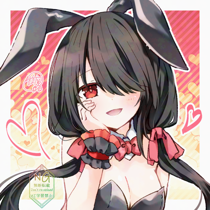 1girl, animal_ears, black_hair, black_leotard, blush, bow, bowtie, breasts