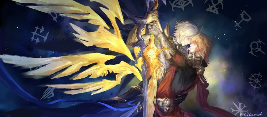 2boys, alternate_form, armor, asymmetrical_wings, black_coat, black_wings, blonde_hair, cape, chinese_commentary, clawed_gauntlets, coat, commentary_request, coreflame_(honkai:_star_rail), cracked_skin, earrings, from_side, gold_earrings, gold_necklace, gradient_hair, hair_between_eyes, hand_on_another's_back, highres, holding, holding_sword, holding_weapon, honkai:_star_rail, honkai_(series), jewelry, litsowk0727, male_focus, material_growth, multicolored_hair, multiple_boys, mydei_(honkai:_star_rail), necklace, pauldrons, phainon_(honkai:_star_rail), phainon_(khaslana)_(honkai:_star_rail), profile, red_cape, red_hair, short_hair, shoulder_armor, side_cape, single_pauldron, sword, twitter_username, waist_cape, weapon, wings, yaoi, yellow_blood, yellow_eyes, yellow_wings