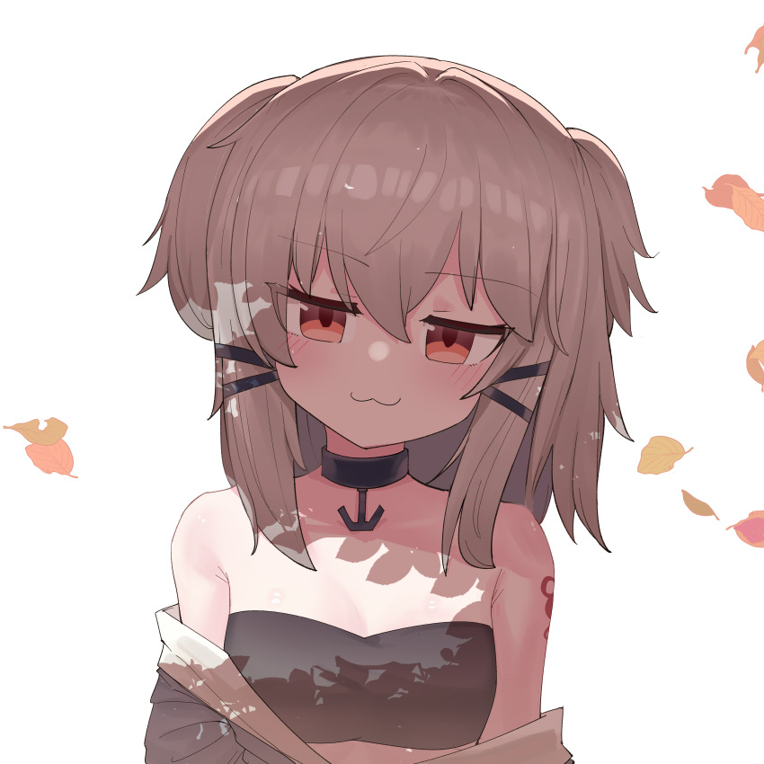 1girl, absurdres, black_bra, blue_boots, blue_panties, boots, bra, child, coat, exhex_(hexieshizhe), grey_hair, half-closed_eye, highres, looking_at_viewer, murasame_(warship_girls_r), off_shoulder, overcoat, panties, red_eyes, short_twintails, shoulder_tattoo, solo, tattoo, twintails, underwear, warship_girls_r, white_background