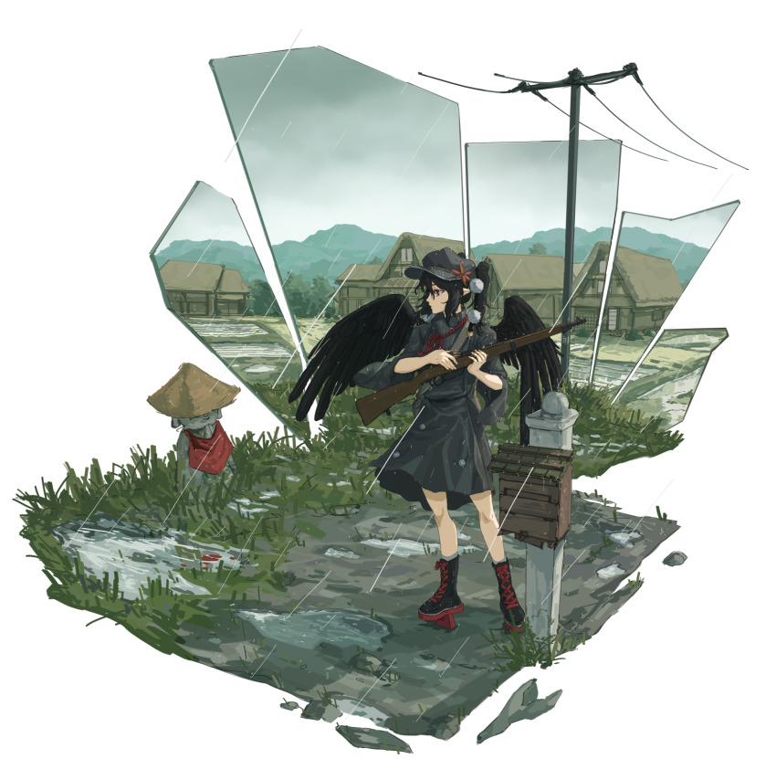 1010kman, 1girl, alternate_costume, architecture, bag, bandana, black_boots, black_dress