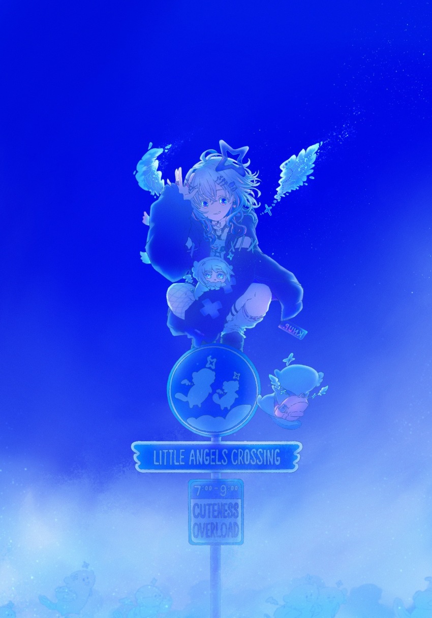 1girl, 2others, amane_kanata, amane_kanata_(cutesy_punk), angel, angel_wings, asymmetrical_bangs, backpack