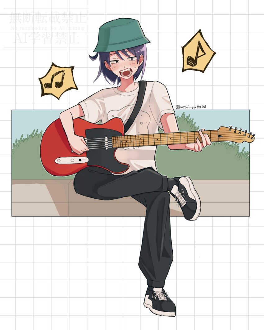 1girl, beamed_eighth_notes, black_eyes, black_pants, black_shoes, bucket_hat, commentary_request, crossed_legs, eighth_note, electric_guitar, figure_four_sitting, futsuu_no_keion-bu, grid_background, guitar, guitar_strap, hat, hatono_chihiro, highres, instrument, kotori_yu0430, music, musical_note, open_mouth, outdoors, pants, playing_guitar, playing_instrument, print_shirt, purple_hair, shirt, shoes, short_hair, short_sleeves, singing, sitting, sneakers, solo, t-shirt, teeth, twitter_username, watermark, white_shirt