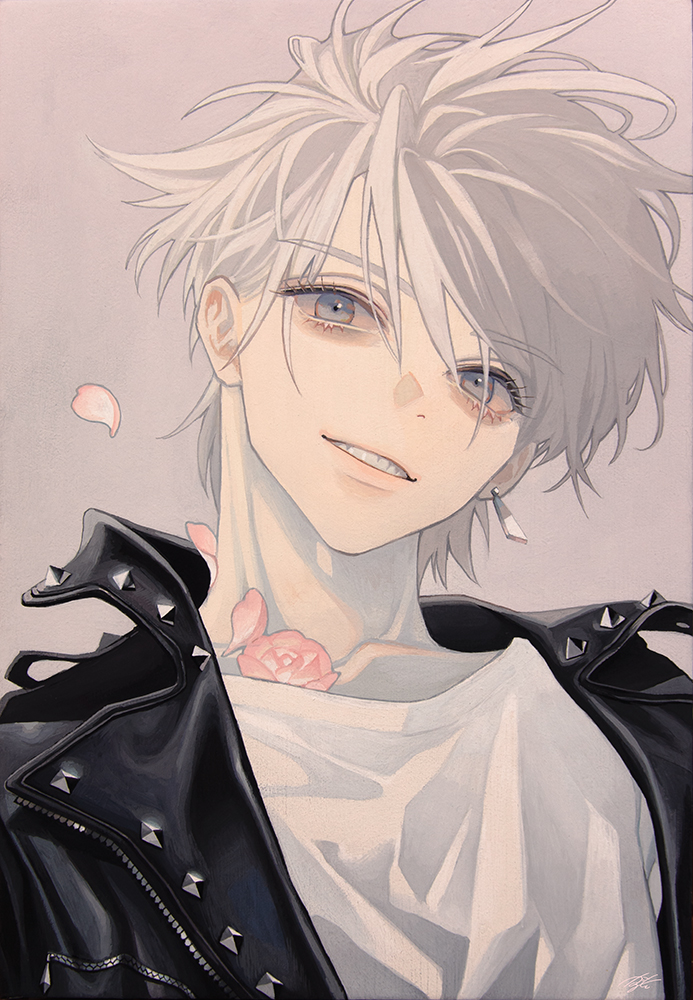 1boy, aegyo_sal, blue_eyes, collarbone, earrings, flower, grey_background, jacket