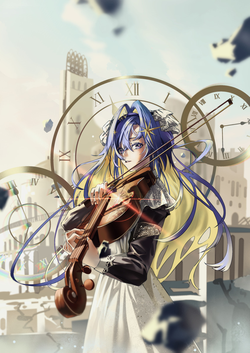 absurdres, apron, black_dress, blonde_hair, blue_eyes, blue_hair, blue_sky, bow_(music)