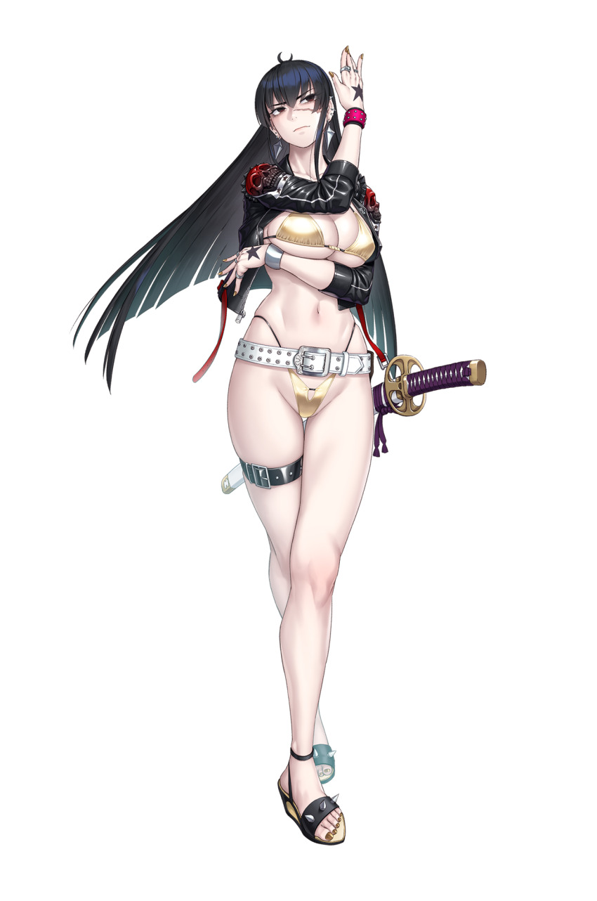 1girl, alternate_hairstyle, bikini, black_hair, breasts, cropped_jacket, curvy, feet, full_body, gold_bikini, highleg, highleg_bikini, highres, jacket, jigokumaru_akira, lilith-soft, long_hair, nail_polish, navel, official_alternate_hairstyle, official_art, open_clothes, open_jacket, sandals, scar, shiny_skin, simple_background, solo, spiked_sandals, swimsuit, sword, taimanin_(series), taimanin_rpgx, thigh_strap, thong, thong_bikini, toenail_polish, toenails, toes, weapon, wide_hips, yuuji_(and)