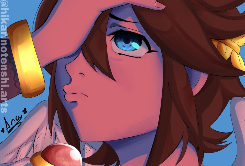 1boy, alternate_skin_color, androgynous, angel, angel_wings, artist_name, blue_background, blue_eyes