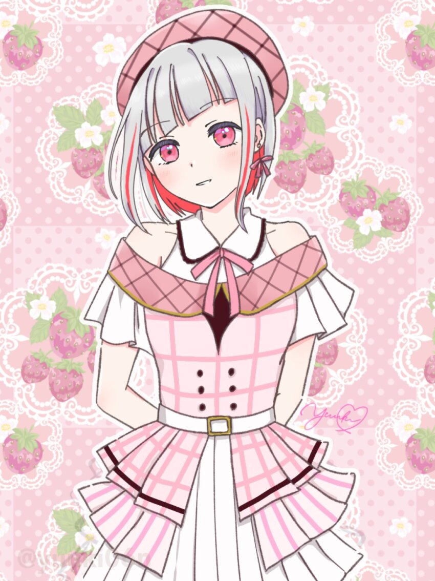 1girl, alt_text, alternate_costume, collared_shirt, commentary_request, cowboy_shot, dress, food-themed_background