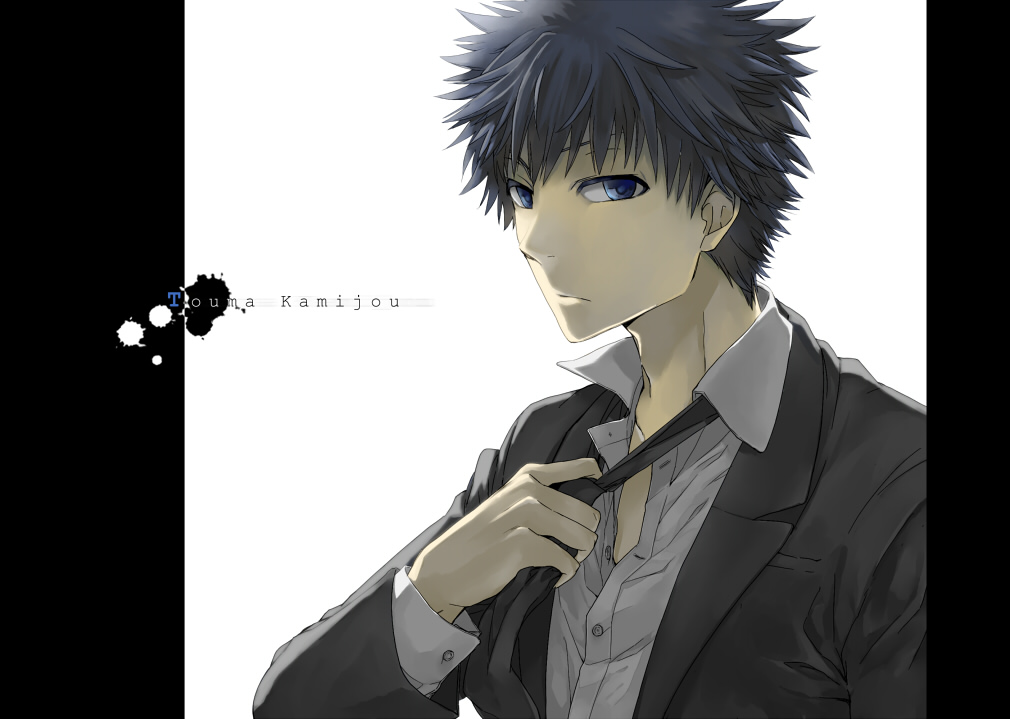 1boy, black_hair, blue_eyes, formal_clothes, inagiri_yunou, jacket, kamijou_touma, male_focus