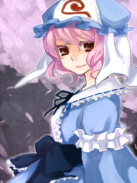 1girl, brown_eyes, cherry_blossoms, female_focus, ghost, hat, japanese_clothes, petals, pink_hair, saigyouji_yuyuko, shio_koshi, shiokoshi, smile, solo, touhou, triangular_headpiece, upper_body
