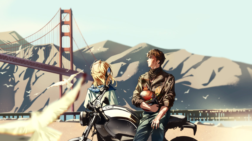 1boy, 1girl, bird, black_hair, black_jacket, black_neckerchief, blonde_hair, blue_pants