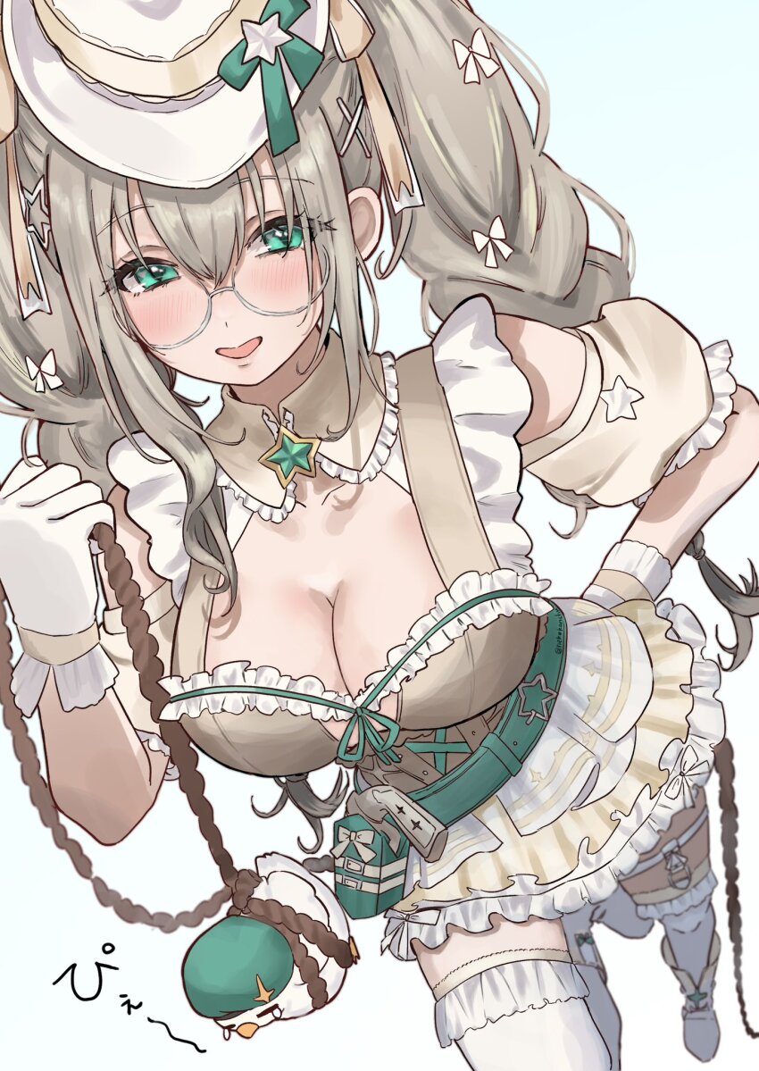 1girl, aia_amare, aia_amare_(4th_costume), aiadmirer_(aia_amare), aqua_eyes, blonde_hair, blush, bow, braid, breasts, cleavage, dirndl, eisei_neko, foreshortening, german_clothes, glasses, gloves, hair_bow, hair_ornament, hand_on_own_hip, hat, highres, large_breasts, looking_at_viewer, multiple_hair_bows, nijisanji, nijisanji_en, open_mouth, smile, star_(symbol), star_hair_ornament, thighhighs, twin_braids, virtual_youtuber, white_gloves, white_thighhighs