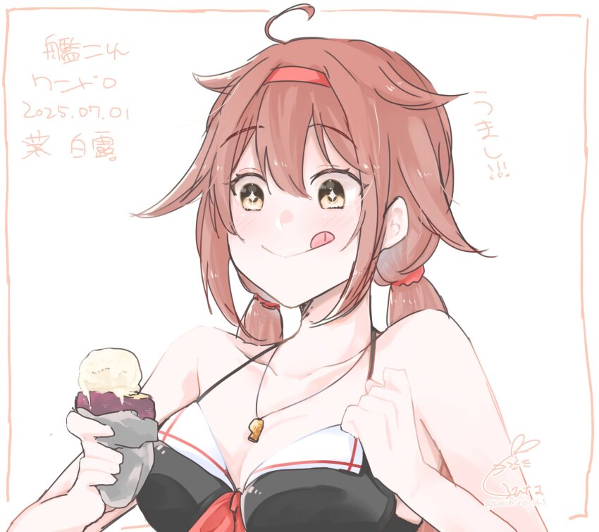 1girl, ahoge, bikini, black_bikini, breasts, brown_eyes, brown_hair, character_name