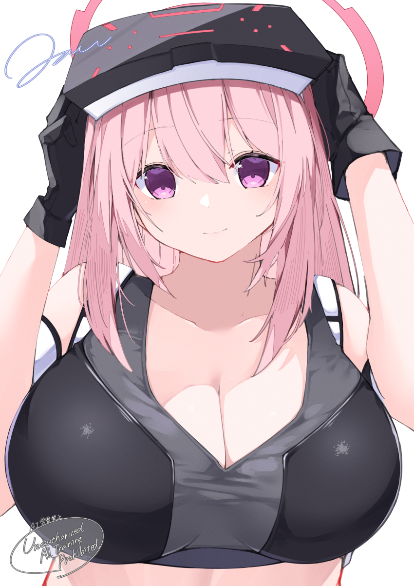 1girl, absurdres, adjusting_eyewear, artist_name, bare_shoulders, black_gloves, black_sports_bra, blue_archive, blush, breasts, cleavage, closed_mouth, collarbone, eimi_(armed)_(blue_archive), eimi_(blue_archive), gloves, halo, highres, huge_breasts, jam_(jamjam777), long_hair, looking_at_viewer, pink_eyes, pink_hair, pink_halo, simple_background, singaporean_flag, solo, sports_bra, white_background